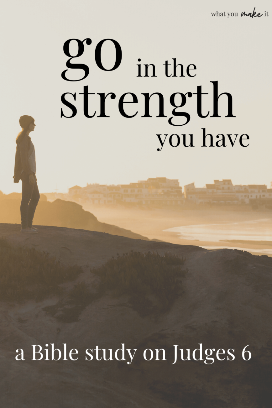 text: go in the strength you have: a Bible study on Judges 6 with woman overlooking mountain view